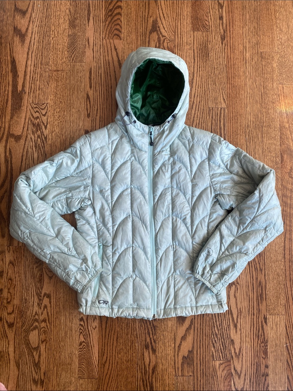 Outdoor Research women’s SuperStrand LT Hoodie down jacket, size small.